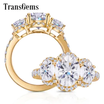 

Transgems 14K 585 Yellow Gold 3 Stone Engagement Ring Center 3ct 8*10mm Oval FGH Color Moissanite Halo Engagement Ring for Women