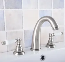 

Brushed Nickel Brass 3 Holes Deck Mounted Dual Ceramic Levers Handles Bathroom Vessel Sink Basin Faucet Mixer Taps anf694