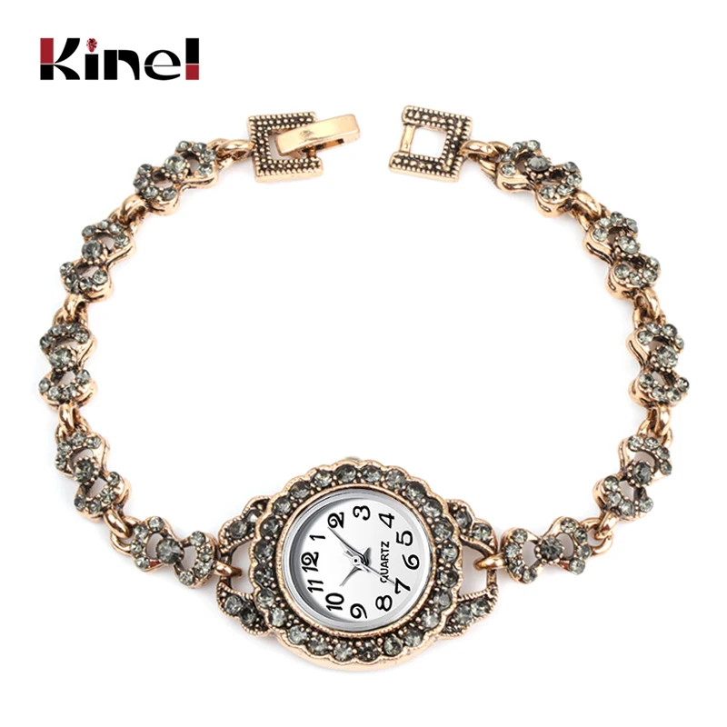 Роскошные женские наручные часы Kinel античное золото турецкий серый Стразы