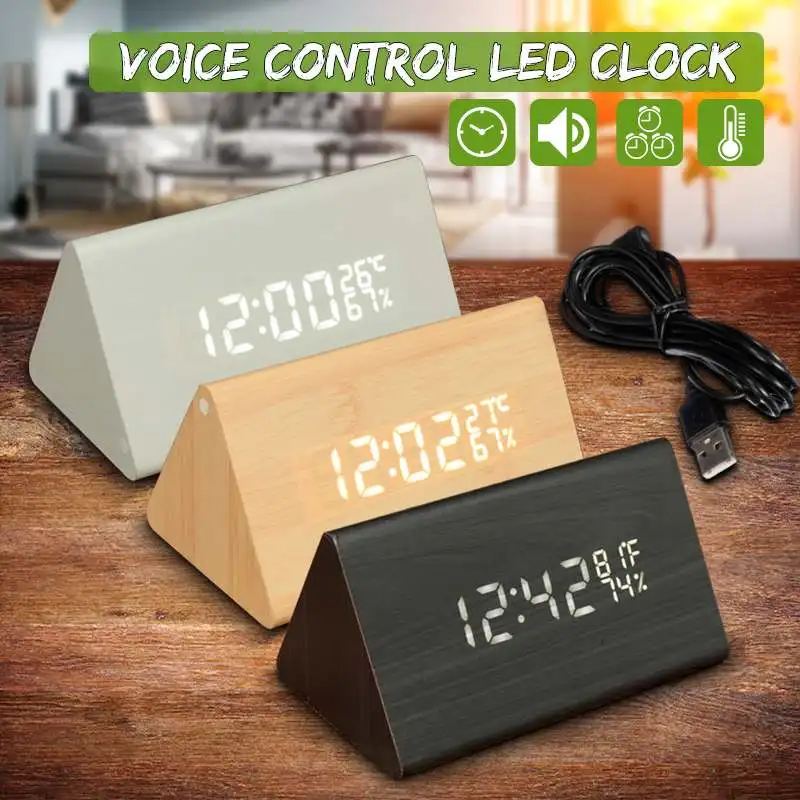 

1pc Digital Clock Wooden Electronic LED Time Display Temperature and Humidity Detect Clock For Bedroom Alarm Clock Digital Clock