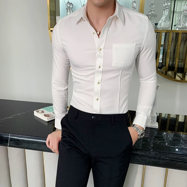 Moda 2019 de vestir para hombre todas las combinaciones Simple sólido negocio camisa de vestir Formal hombres ajustado ajuste Casual blusa hombres ropa de gran tamaño|Camisas informales| - AliExpress