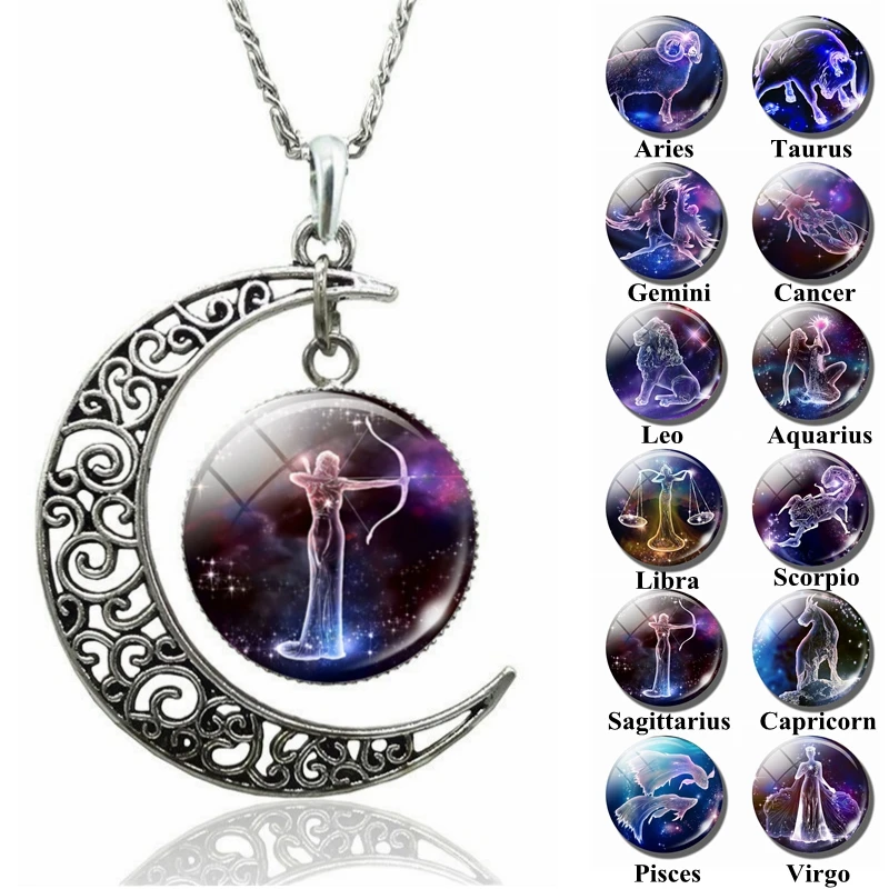 New 12-Constellation Necklace Clavicle-Chain Zodiac Signs Cabochon Moon Pendant Glass-Crescent 3VjAl8OR