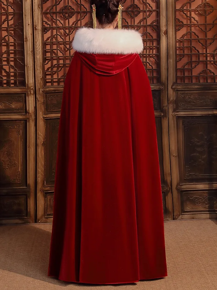 Bridal Shawl Winter Wedding Cloak Faux Fur Hooded Warm Red Long Wrap Gold Appliques Beaded Velour Women Accessories Customized
