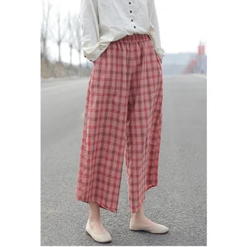 

Spring wide-leg pants literary streetwear cotton and linen pink plaid plus size women clothing holiday style harajuku pants