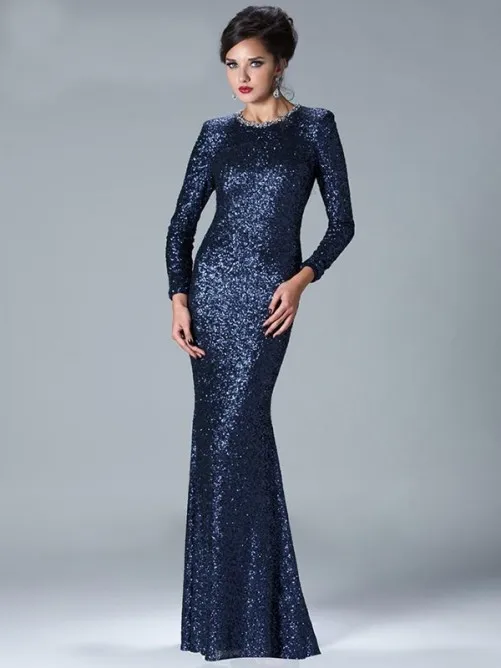 

2020 Elegant Sequin Mermaid Evening O Neck Long Sleeves Floor Length Prom gown Vestido De Noche mother of the bride dresses
