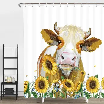 

Shower Curtain,Animal Sunflower on Rustic Wooden Board Funny Bathroom Curtain, Fabric Waterproof Bathroom Bath Curtains
