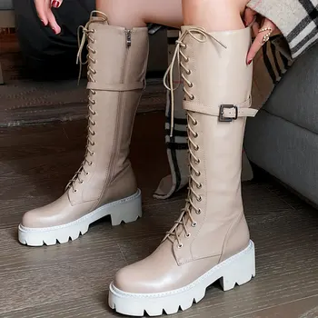 

Genuine Leather Platform Leisure Big Size 42 Top Quality Cow Skin Autumn Winter Fashion Cool Riding Boots Shoes Women