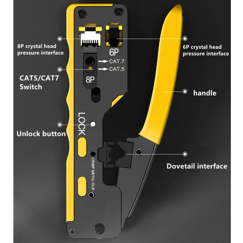 Jillway Cat7 Através do Furo Alicate Rede Testador Ferramenta Conjunto Através do Buraco Cabeça de Cristal Rj45 Fio Stripper Conjunto 10 Gigabit - Imagem 6