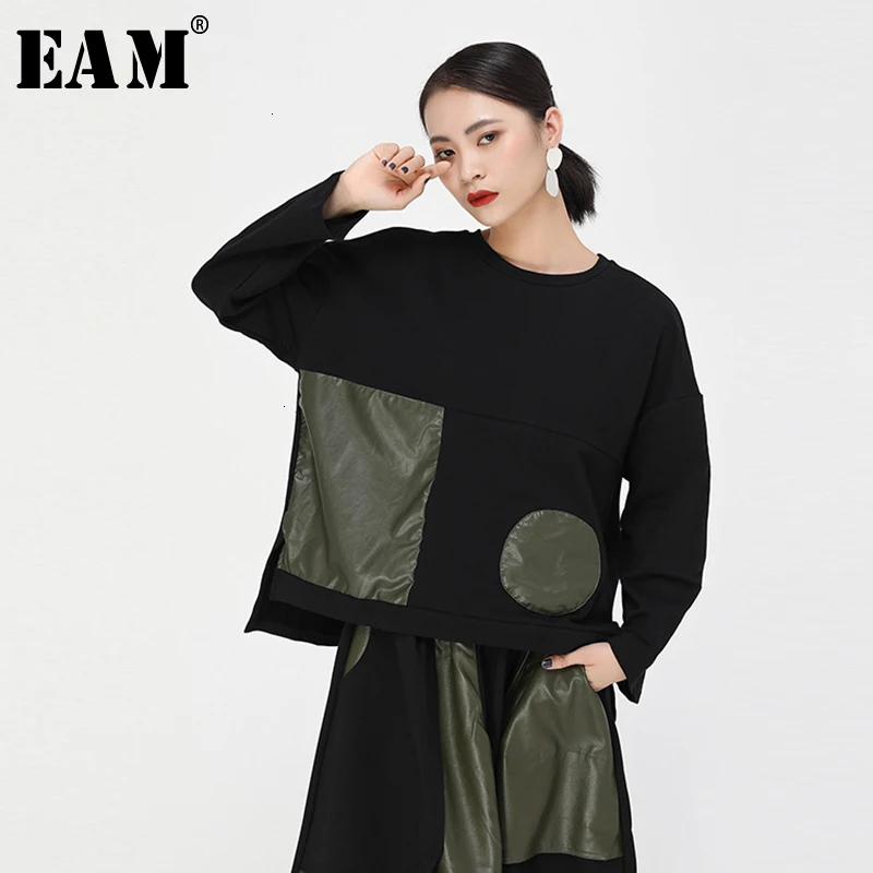 

[EAM] Women Green Pu Leather Split Big Size Loose T-shirt New Round Neck Long Sleeve Fashion Tide Spring Autumn 2019 1D940