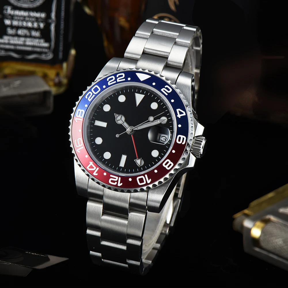 GMT автоматические часы 40 мм черный стерильный циферблат сапфировое стекло