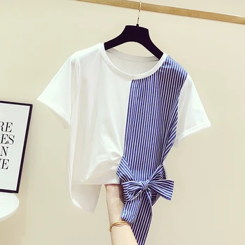 

patchwork women t-shirts 2020 summer new o-neck bow striped fashion design office lady elegant pulls outwear tops