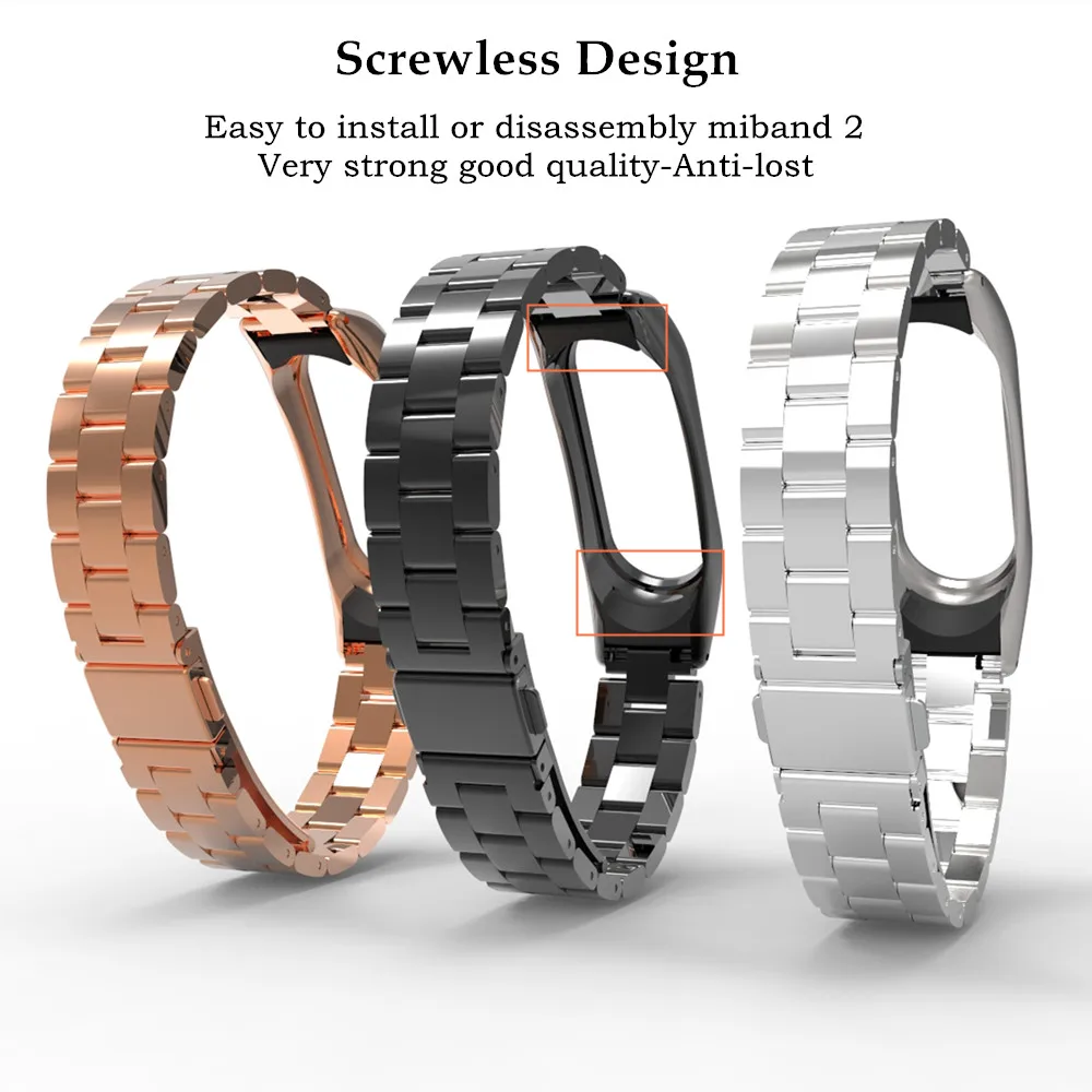 Безвинтовой mi band 2 умный Браслет для Xiao mi band 2 ремешок на запястье ремень из нержавеющей стали черный серебристый золотой
