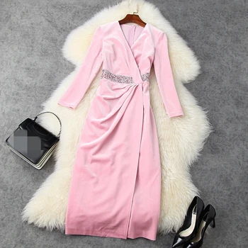 

Woman Pink Dress Fall 2020 Ladies Elegant Velvet Dresses for Party