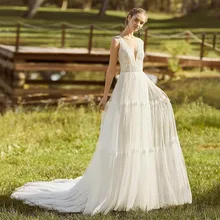 

Elegant Bohemian A Line Wedding Dress Chiffon Deep V Neck Sleeveless Backless For Women Sweep Train Robe De Soirée De Mariage