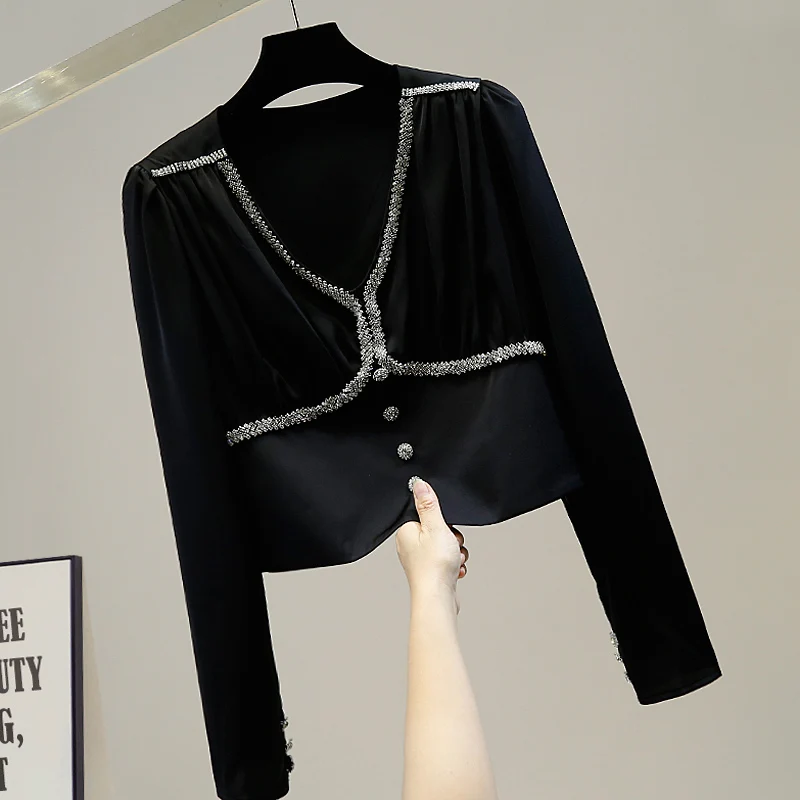 Cropped Blouse for Women Diamond Chain Side Zipper