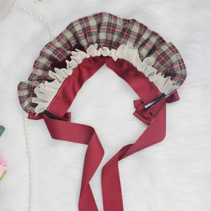 Hairband Японская ручная работа Милая Красная Шапочка Лолита винно-красная клетчатая Милая повязка для волос с бантом бархатная боковая заколка Ожерелье косплей - Цвет: Hairband