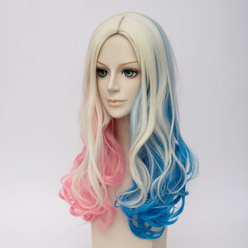 LiangMo Длинные Ombre розовый синий Лолита косплей Харли Квинн синтетический парик цветной высокая температура волокно кудрявые джокер девушка парики для