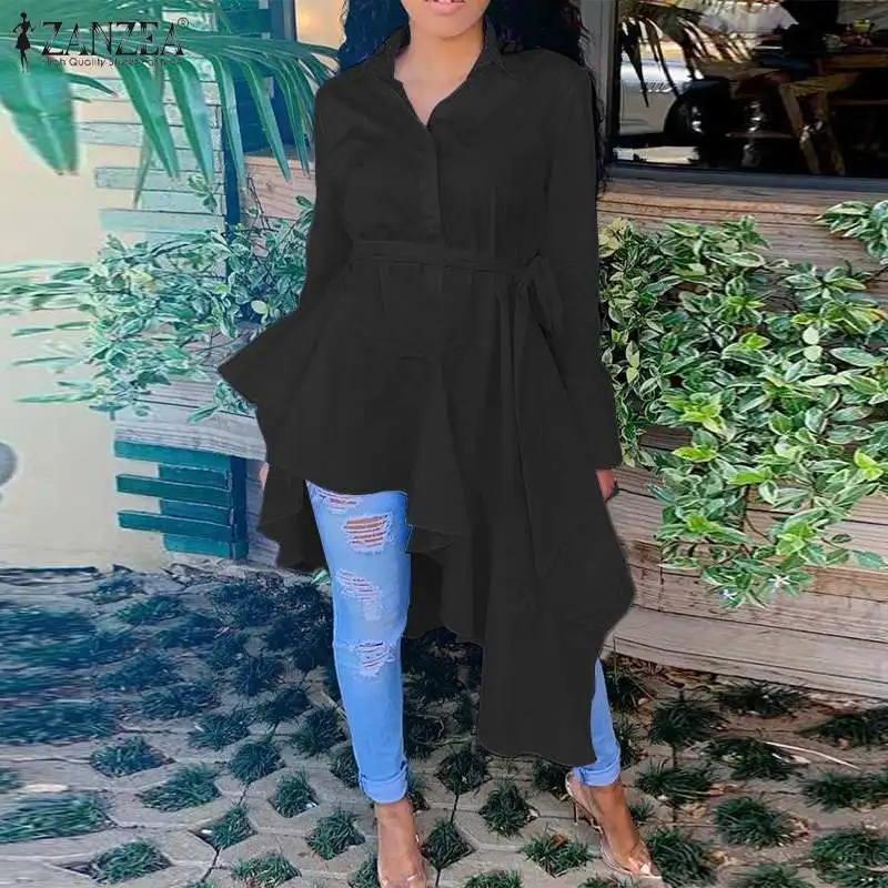 Koop Lente Hoge Lage Tuniek Tops ZANZEA Elegante OL Lange Shirt Vestido Fashion Vrouwen Revers Lange Mouwen Asymmetrische Blouse Vrouwelijke Blusa