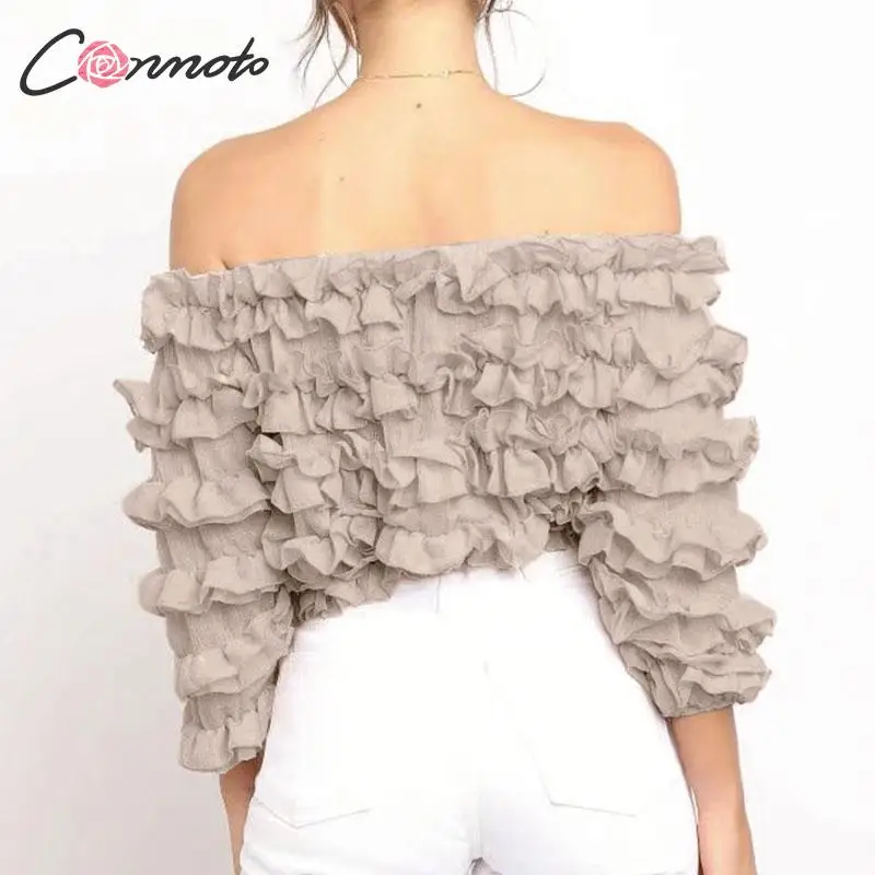 Conmoto, сексуальные, с открытыми плечами, одноцветные, женские блузки, рубашки, с оборками, Осень-зима, повседневные блузки с коротким рукавом, Blusa Mujer