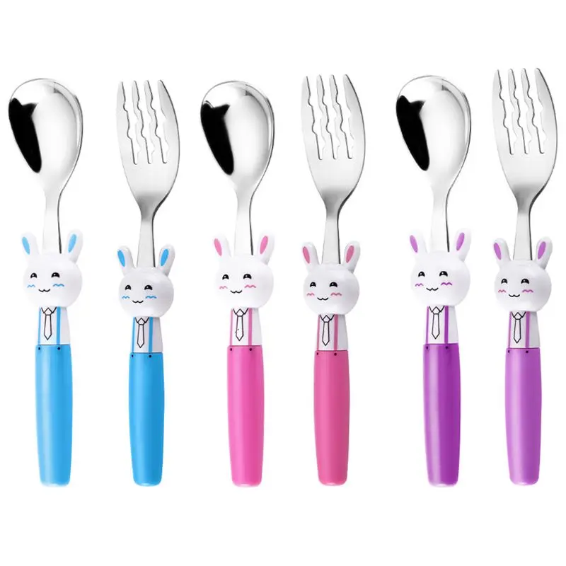 

304 Stainless Steel Children Spoons Kids Feeding Tableware Cute Cartoon Rabbit Fork Spoon Set Maternal Baby Supplies