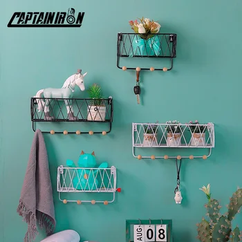 

CAPTAINIRON Decorative Wall Shelves Iron Wall Hanging Shelf With Hooks Scandinavian Style Home Wall Decor Metal Craft Decoration