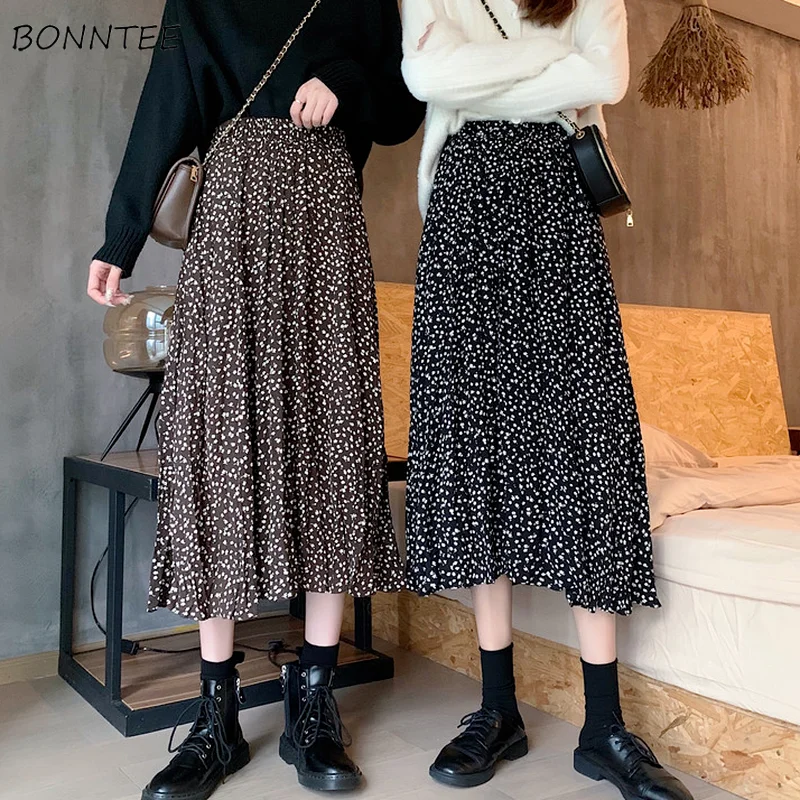 

Midi Skirts Women Floral Friends Elegant Female Lady Elastic Waist Vocation Vintage Casual Streetwear Popular Retro Chic Faldas