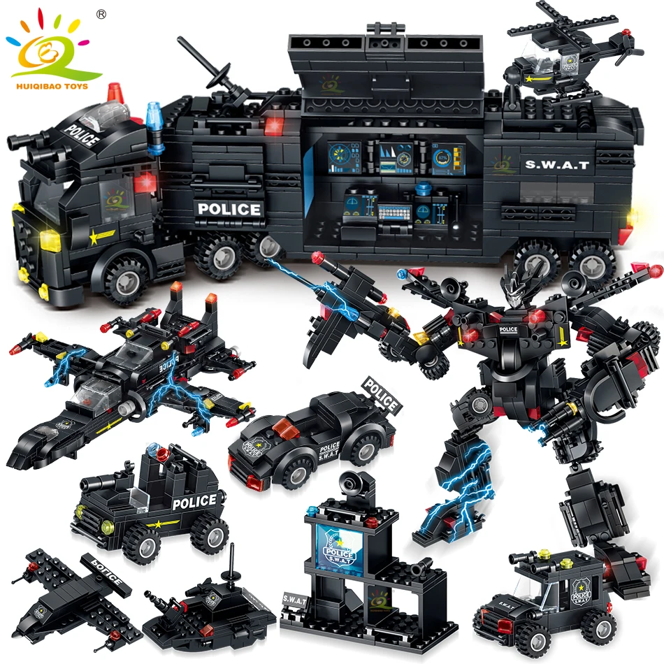 437Pcs Police SWAT Building Blocks Command Vehicle Uniforms Fit for Lego Kid Toy