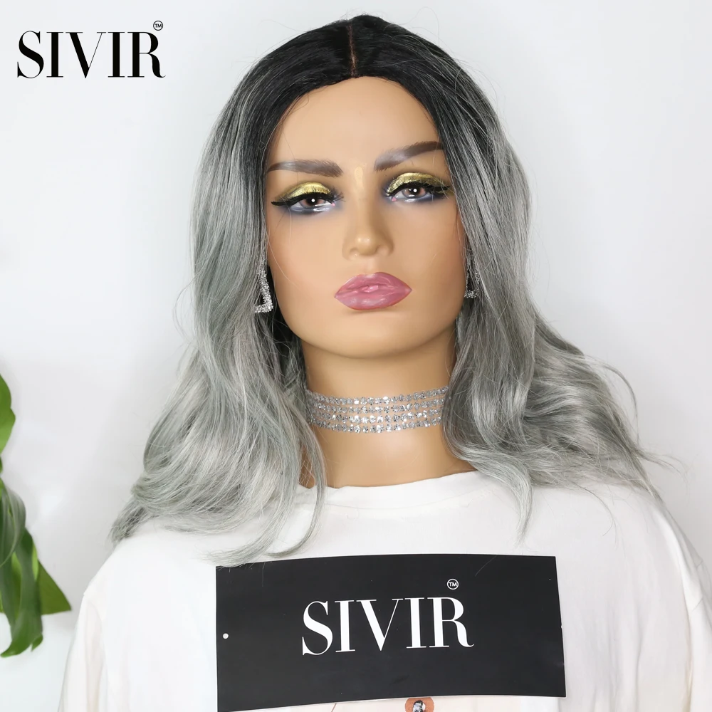 

Sivir 14inch Grey/Brown color Synthetic Lace Front Wigs Heat Resistant Fiber Hair Short Wavy Wigs for white Women cosplay