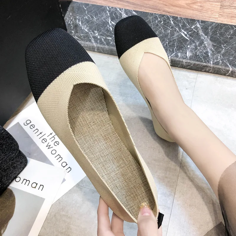 

Stretch Knit Fabric Shoes Ballet Flats Patchwork New Women Flat Heel Anti Skid Slip On Breathable Loafer Femalehj89