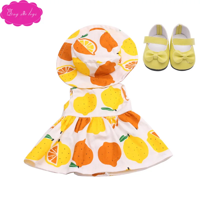 18 дюймов, с круглым вырезом, для девочек летнее платье с принтом для девочек+ шляпа с обувью Американский юбка для новорожденных Игрушки подходит 43 см для ухода за ребенком для мам, детские куклы, c216