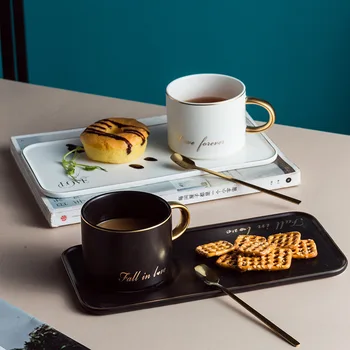 

Nordic Coffee Cup Saucer Set Matte Ceramic Cup English Letter Pattern with Gold Spoon Afternoon Tea Dinnerware Set