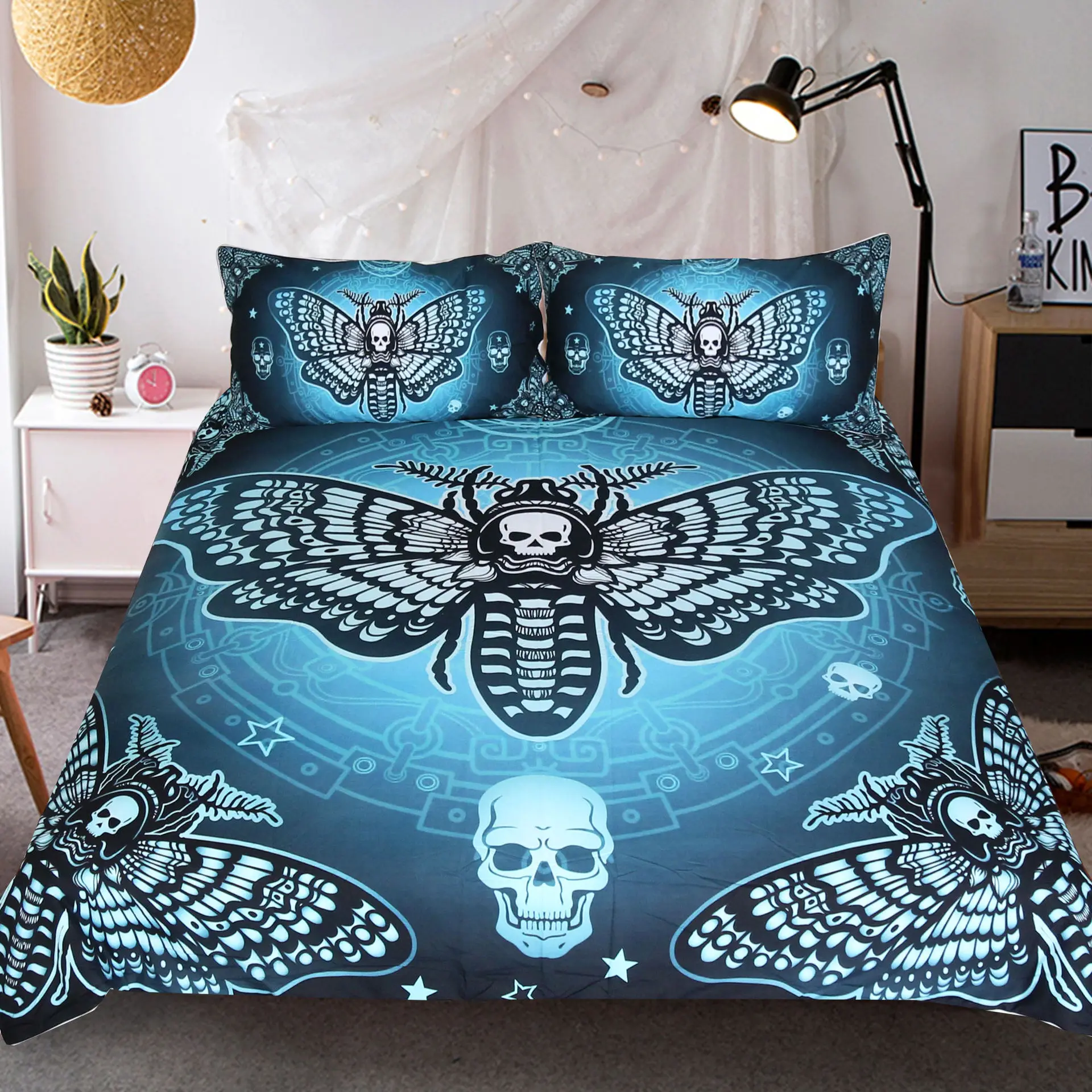 

3D Printing Bedding Set Duvet Cover Set Skull moth and star Quilt cover Pillowcase Adult Bedclothes King Queen Size 3Pcs