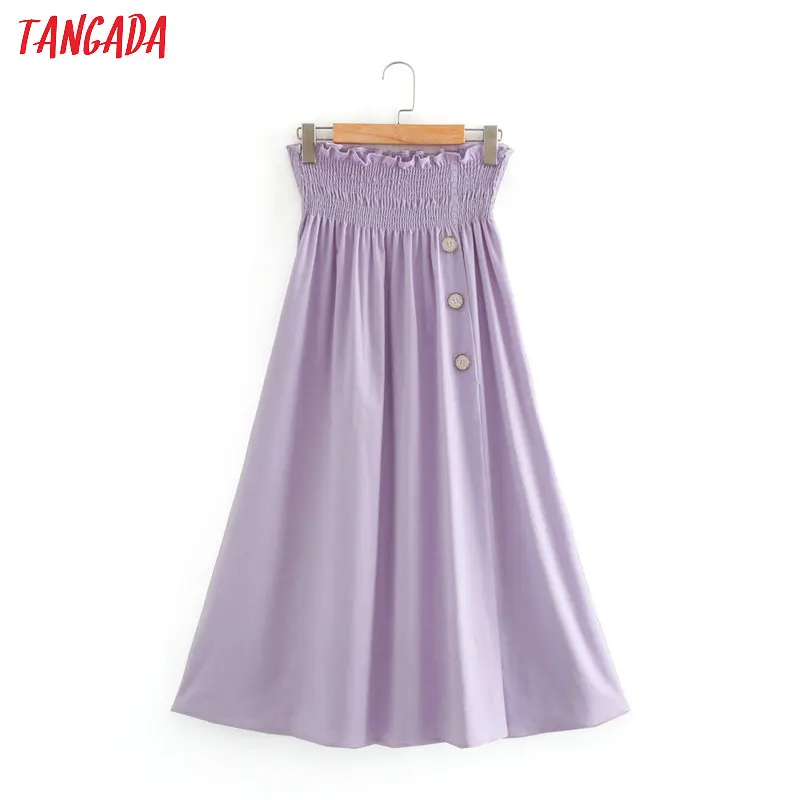 Tangada women lavender high waist midi skirt button decorate vintage office ladies elegant chic mid calf skirts 2XN65