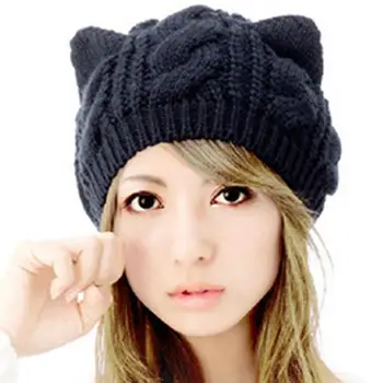 

Korean style Women Lovely Cats Wool Hat oli Ears Woolen Yarn Knitted Winter Warm Cap Beanie Hat Head Warmer knitted Hat