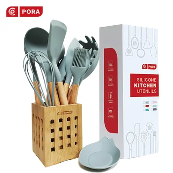 

Silicone Kitchen Set Cooking Utensils 9/12Pcs Set Non-stick Spatula Premium Kitchenware with Bamboo Stand Cooking Kitchen Tools