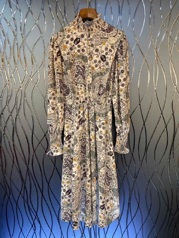 Vintage Retro Dress Spring Summer Style Women Ruffled Collar Ethnic Prints Long Sleeve Mid-Calf Length Party Casual Dress