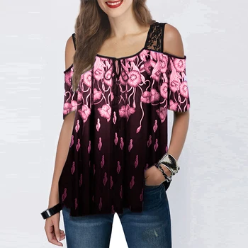 

Floral Print Cold Shoulder Womens Tops And Blouses 2020 Summer Casual Square Collar Short Sleeve Tunic Lace Panel Loose Tee