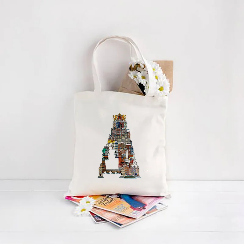 

Italy Letter A-E Design Canvas Tote Bag Daily Use Text DIY Custom Print Logo Shopping Bag Eco Reusable Recycle Handbag For Women