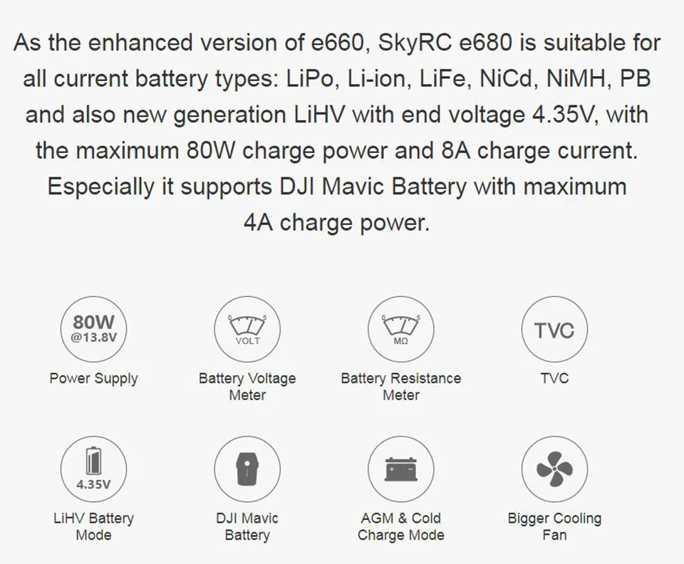 SKYRC e680 80 Вт AC/DC баланс зарядное устройство Dis зарядное устройство 13,8 В DC питание для LiPo Li-Ion LiFe NiCd NiMH PB LiHV/DJI батарея Mavic