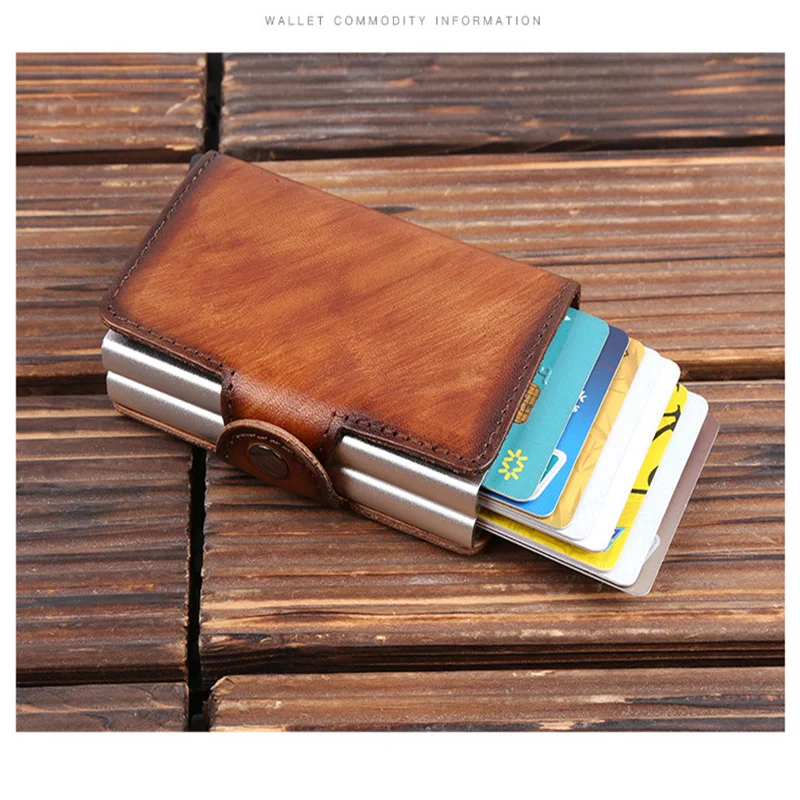 

Genuine leather Vintage Double Wallet Anti Rfid Men Aluminum Wallet Back Pocket ID Card holder RFID Blocking Mini Magic Wallet