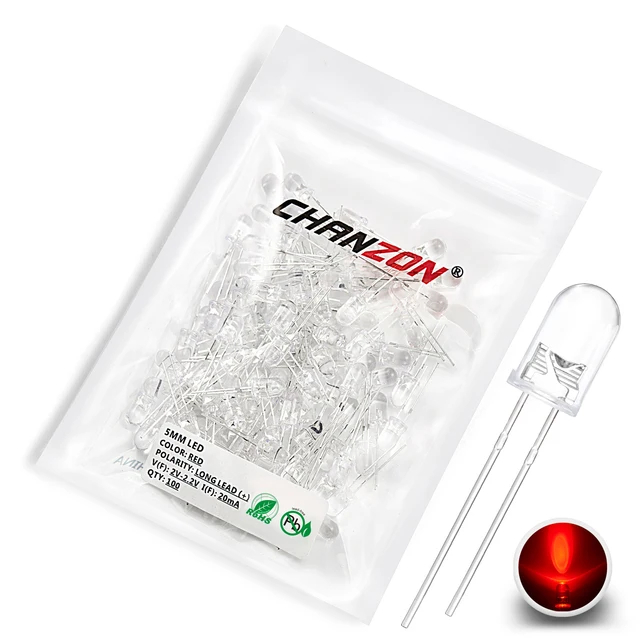 100pcs 5mm LED Diode Kit Light Emitting Warm White Red Blue Green UV Orange Yellow Pink Color Bulb Lamp Set 2V 3V PCB Assortment 100pcs Red