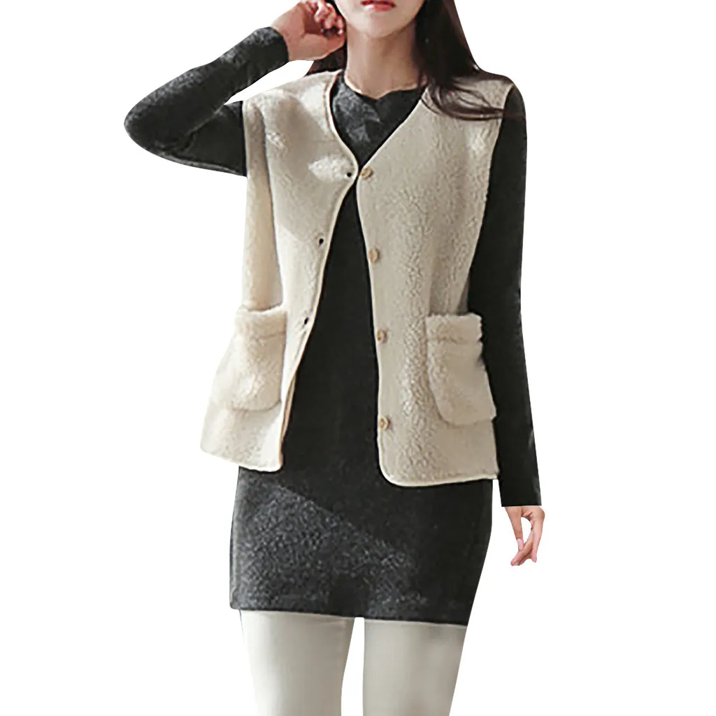 Модный популярный женский жилет, Одноцветный, на пуговицах, с карманами, без рукавов, Женская куртка, жилет, пальто, плюшевый жилет, пальто, уличная одежда, зимний жилет - Цвет: White