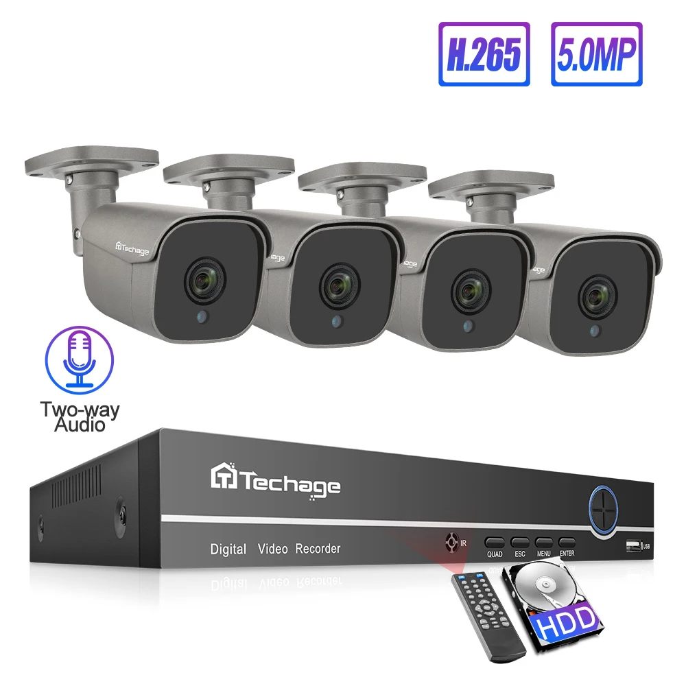 

Techage 8CH 5MP POE 4pcs Camera NVR System H.265 Two-way Audio Record IP Camera Outdoor CCTV Video Security Surveillance Kit