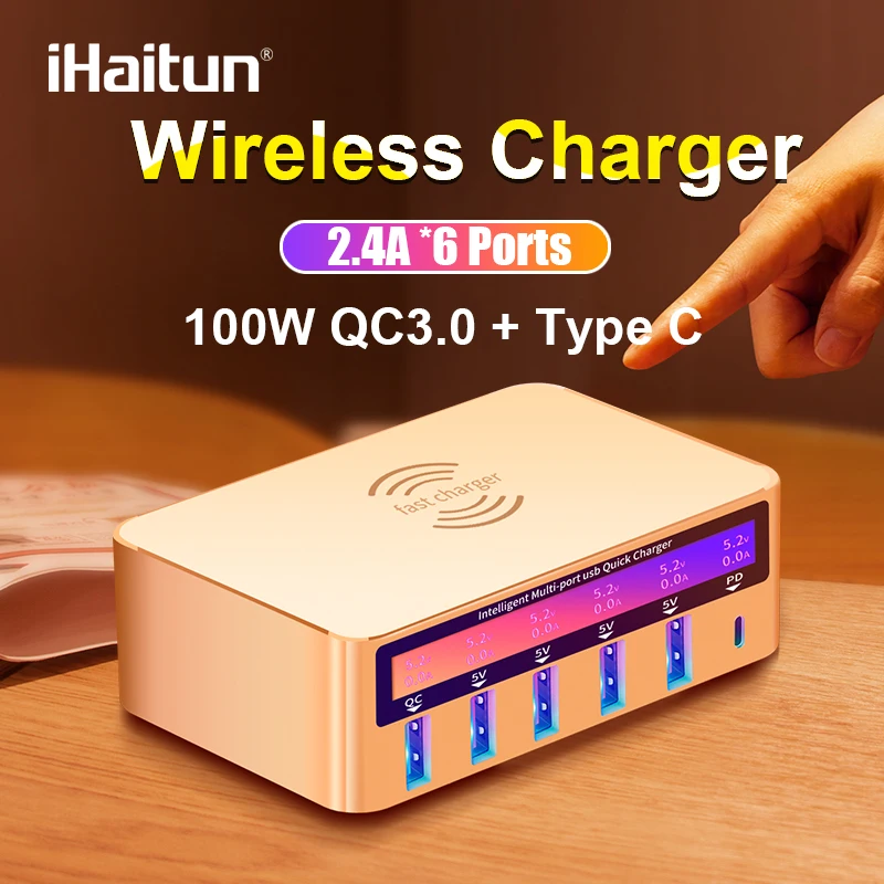 iHaitun 100W Wireless PD Type C QC3.0 USB Charger LED Display Fast Dock Station Travel Quick Charge 3.0 QC 4.0 For iPhone 11 Pro