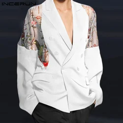 Fashion Men Blazer Mesh Patchwork Embroidery Long Sleeve Double Breasted Casual Suits Men Streetwear Party Jackets 2021 INCERUN