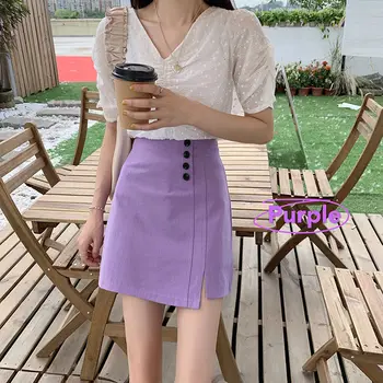 

Autumn Women Skirt Sexy Mini Skirt With Button A-line Package Hip Purple Black Pu leather Bodycon Skirts Women Clothing