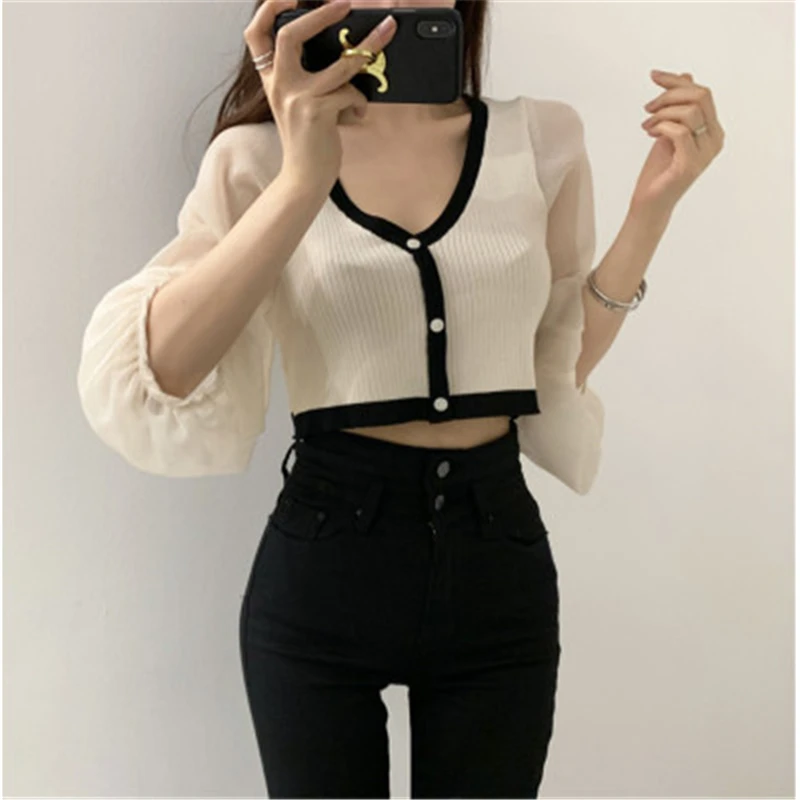 

Women Short Knit Tops Spring Fall Sexy Sweet V-neck Single Breasted Cardigans Female Patchwork Lantern Sleeve Thin Lady Clothes