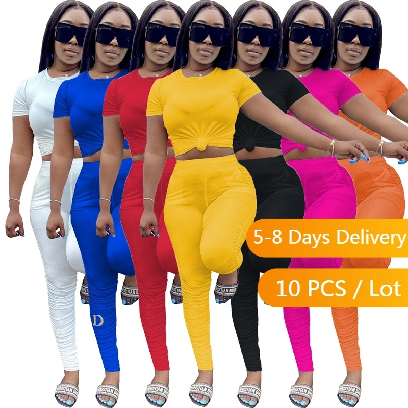 

Wholesale Items Bulk Lots Summer Two Piecec Set Women Streetwear Crop Top and Ruched Pants Set Slim Bodycon Casual Matching Sets