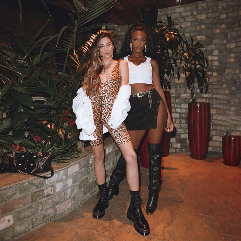 2019 Sexy Women Sleeveless V-neck Leopard Jumpsuit Romper Casual Clubwear Playsuit Fashion Streetwear Leopard Factor Youth Cloth