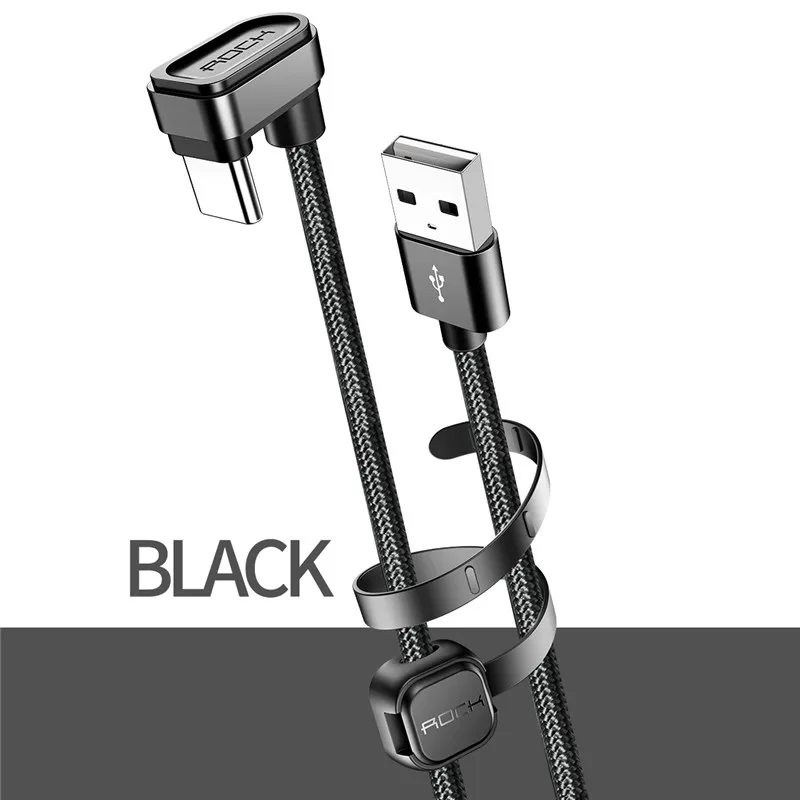 Кабель ROCK type C 180 градусов локоть 2.1A Быстрая зарядка синхронизации данных USB C игровой кабель для Xiaomi OnePlus huawei samsung type-C провод - Цвет: Black